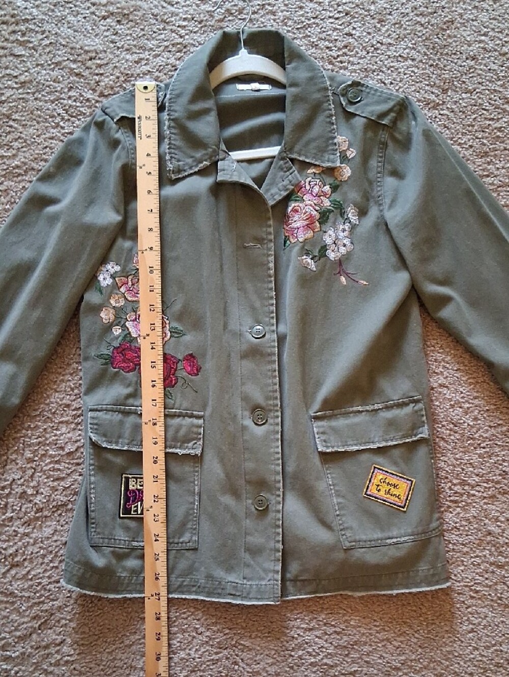 Maurices Olive Green Utility Jacket with Floral Embroidery And ACDC Design - Picture 12 of 16